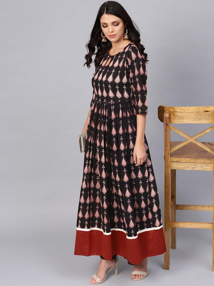 Divena Black Printed Cotton Floor Length Anarkali Kurta - divena world