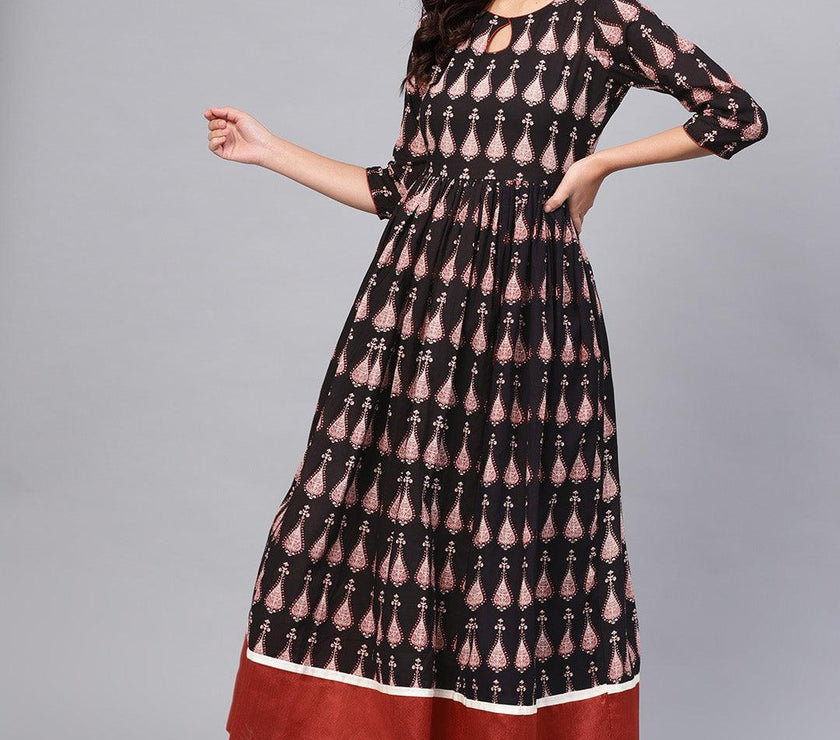 Divena Black Printed Cotton Floor Length Anarkali Kurta - divena world