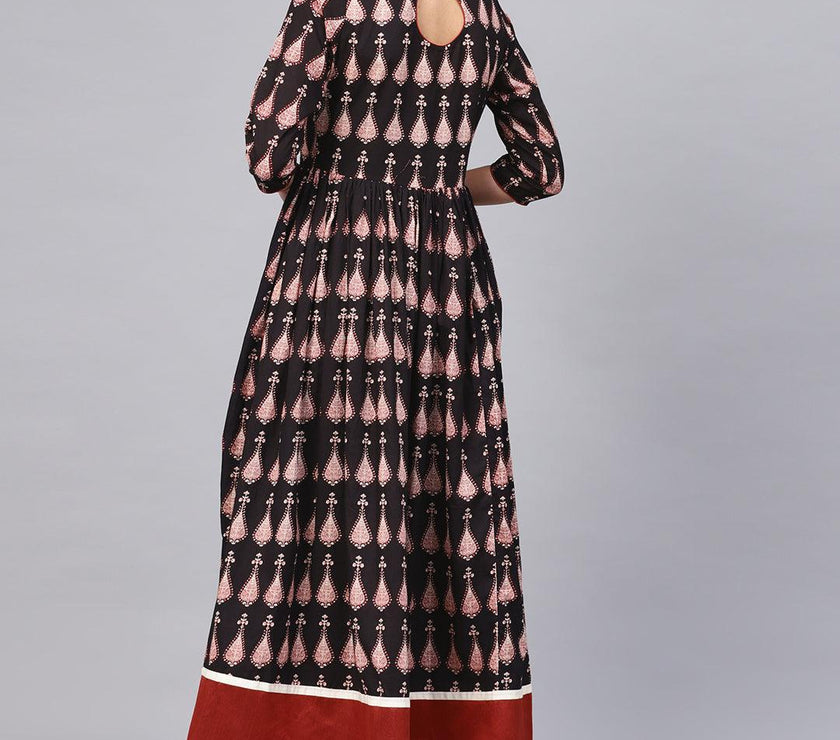 Divena Black Printed Cotton Floor Length Anarkali Kurta - divena world