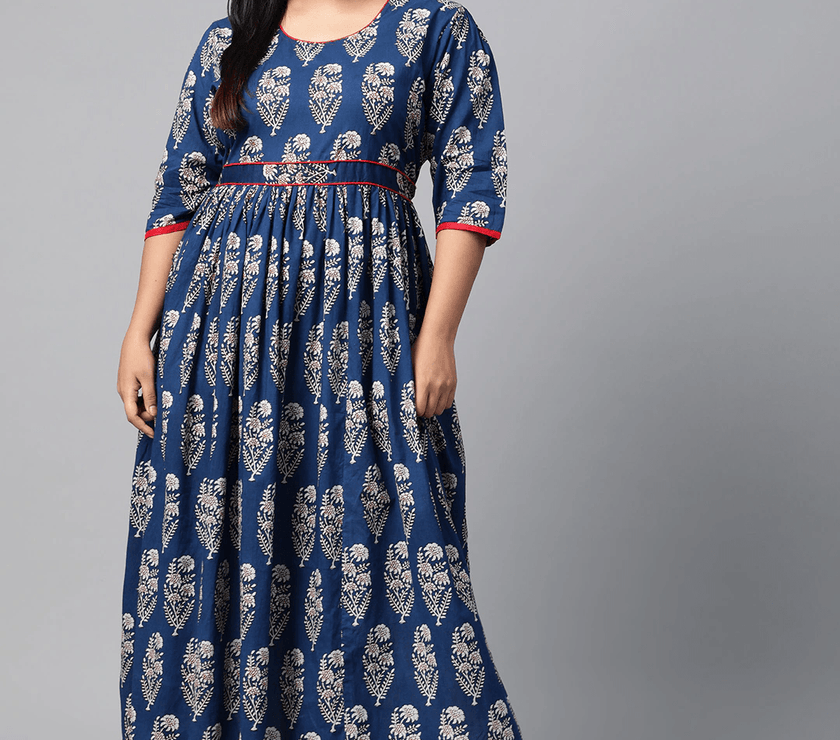 Plus Size Royal Blue Printed Floor Length Anarkali - divena world