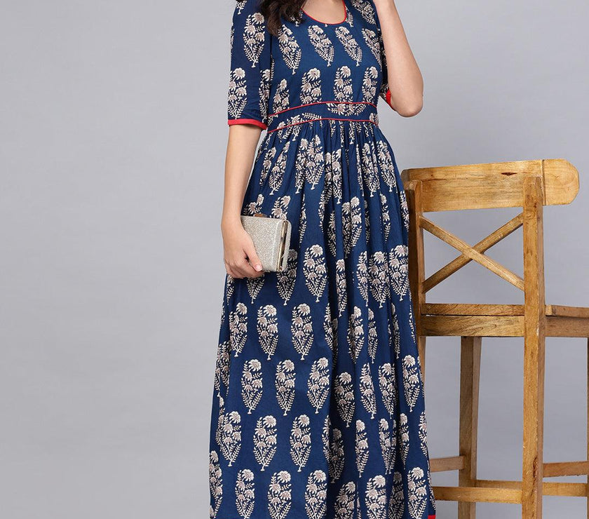 Divena Royal Blue Printed Floor Length Anarkali - divena world