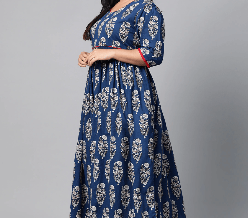 Plus Size Royal Blue Printed Floor Length Anarkali - divena world