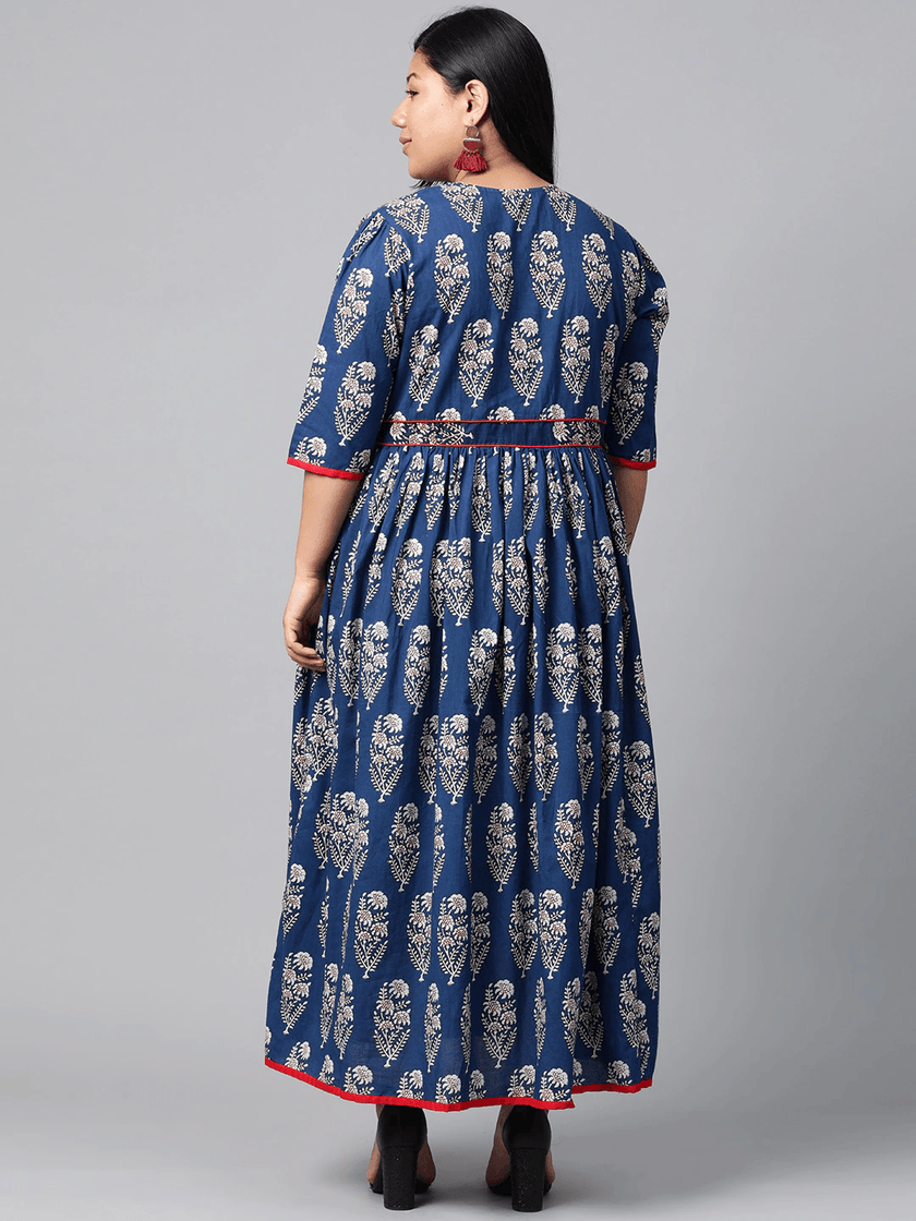 Plus Size Royal Blue Printed Floor Length Anarkali - divena world