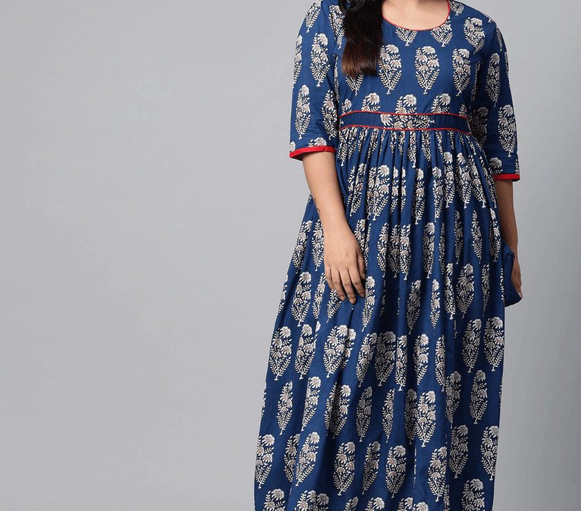 Plus Size Royal Blue Printed Floor Length Anarkali - divena world