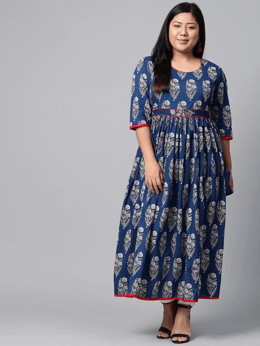 Plus Size Royal Blue Printed Floor Length Anarkali - divena world