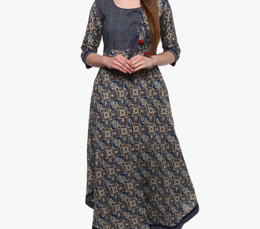 Divena Blue And Grey Cotton Anarkali - divena world