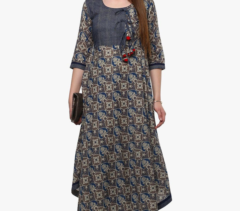 Divena Blue And Grey Cotton Anarkali - divena world