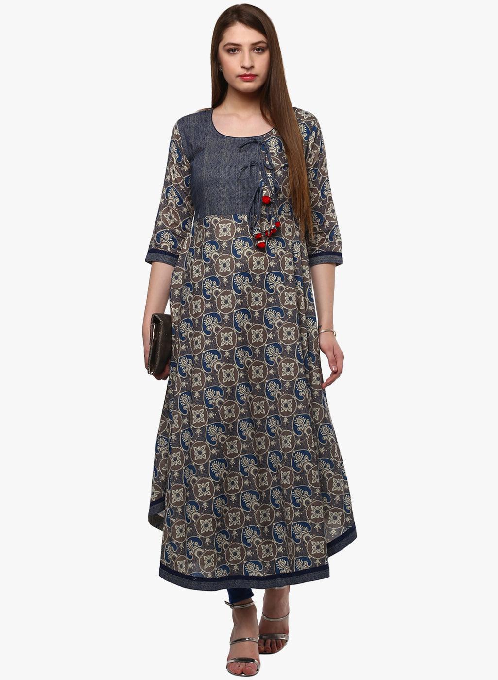 Divena Blue And Grey Cotton Anarkali - divena world