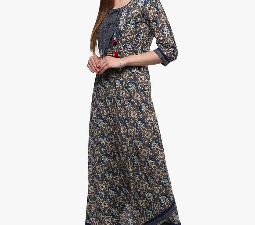 Divena Blue And Grey Cotton Anarkali - divena world