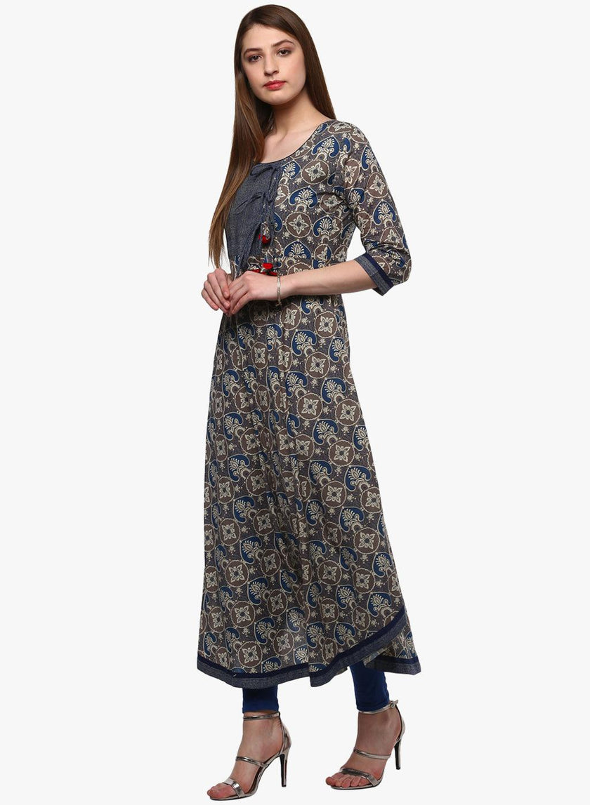 Divena Blue And Grey Cotton Anarkali - divena world