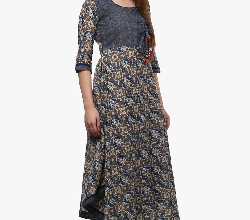 Divena Blue And Grey Cotton Anarkali - divena world