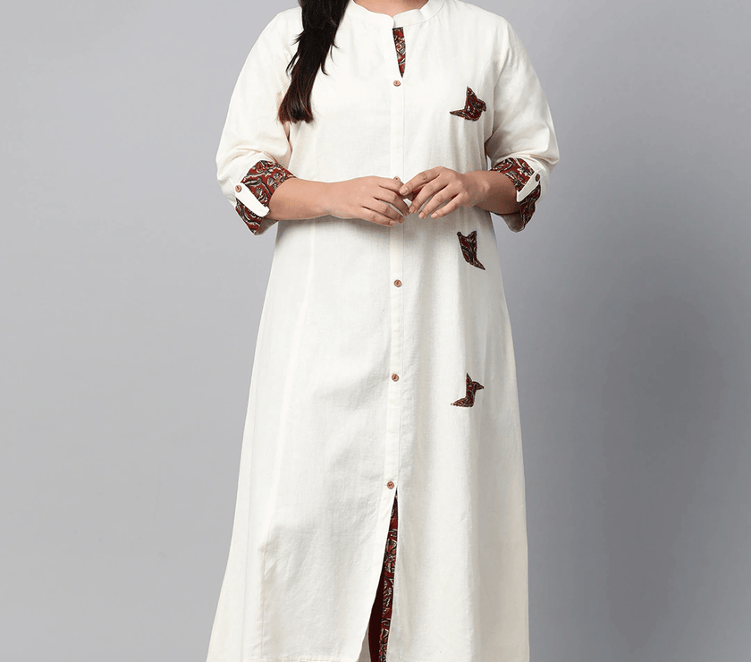 Plus Size Sequin Work Cotton Flex Off White Kurta - divena world