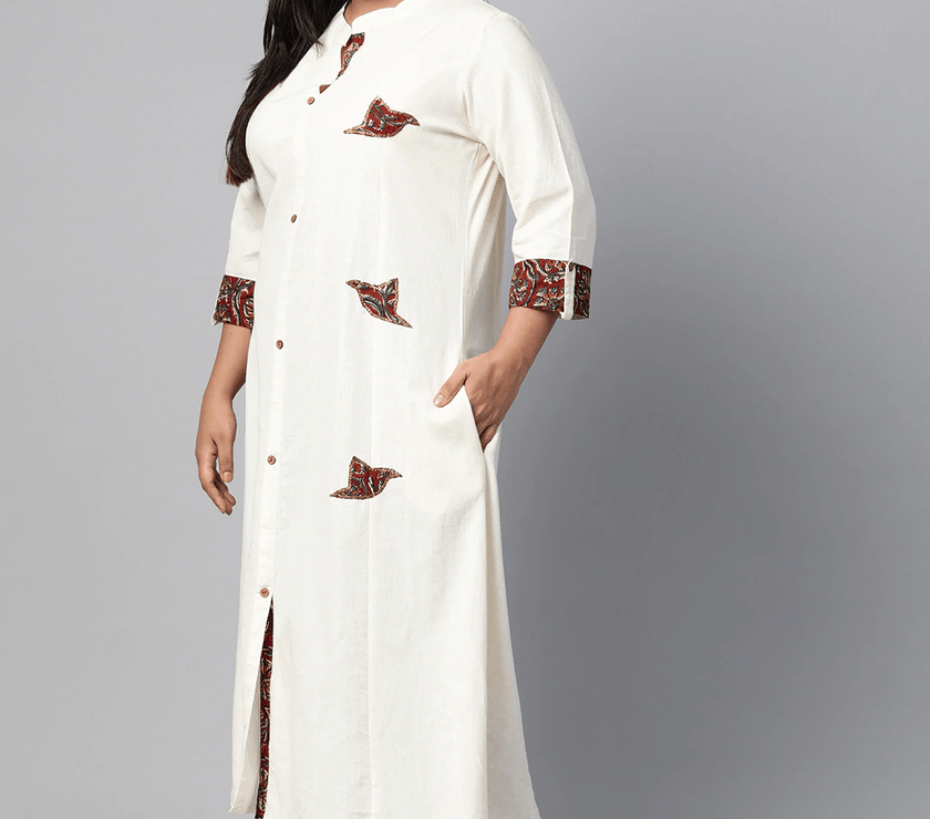 Plus Size Sequin Work Cotton Flex Off White Kurta - divena world