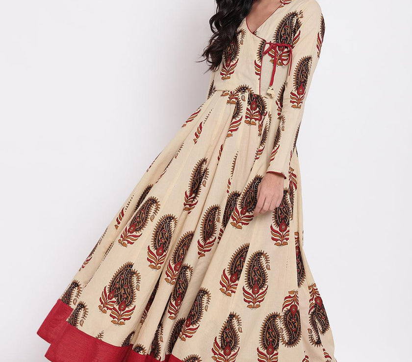 Divena Cream Floor Length Cotton Anarkali Kurti - divena world