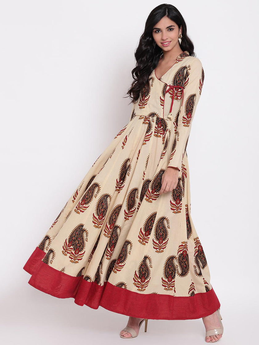 Divena Cream Floor Length Cotton Anarkali Kurti - divena world