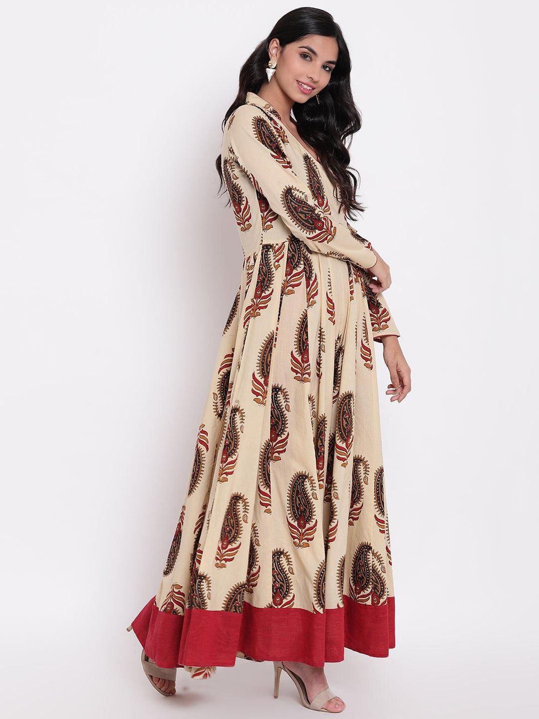 Divena Cream Floor Length Cotton Anarkali Kurti - divena world