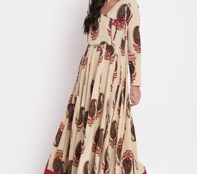 Divena Cream Floor Length Cotton Anarkali Kurti - divena world