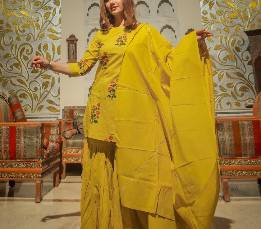 Divena lemon yellow cotton sharara kurta set with dupatta - divenaworld.com