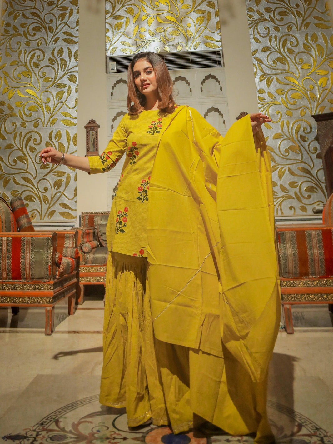 Divena lemon yellow cotton sharara kurta set with dupatta - divenaworld.com