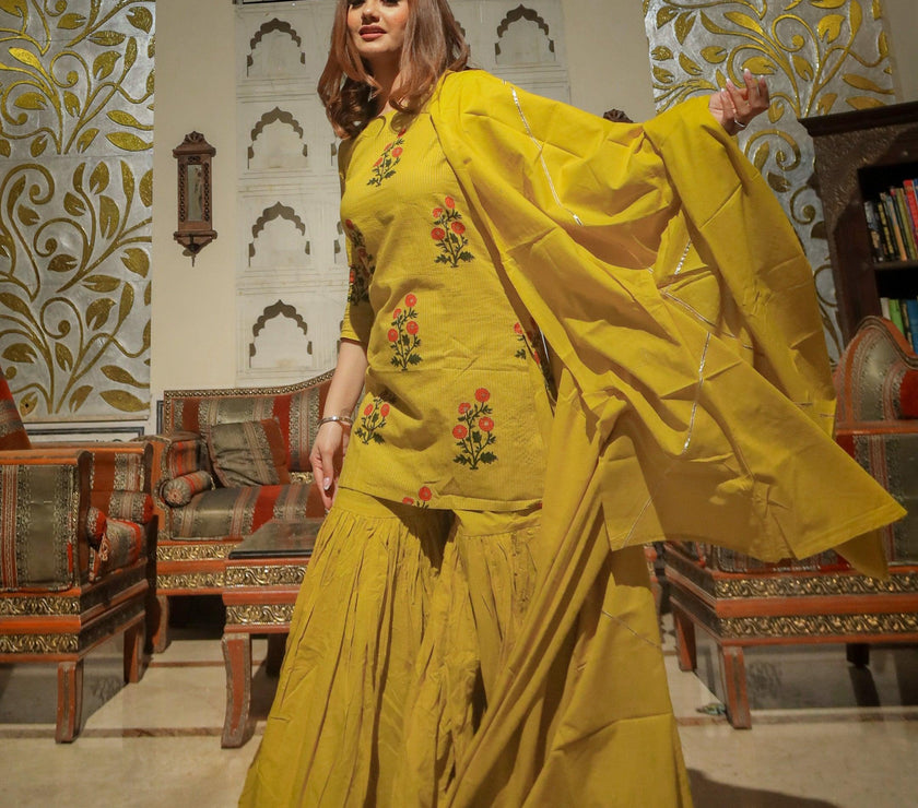 Divena lemon yellow cotton sharara kurta set with dupatta - divenaworld.com