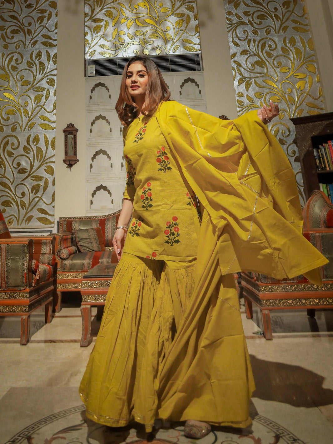 Divena lemon yellow cotton sharara kurta set with dupatta - divenaworld.com