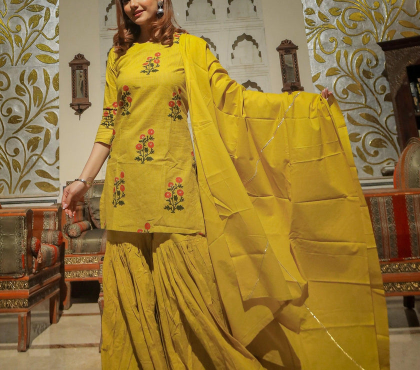 Divena lemon yellow cotton sharara kurta set with dupatta - divenaworld.com