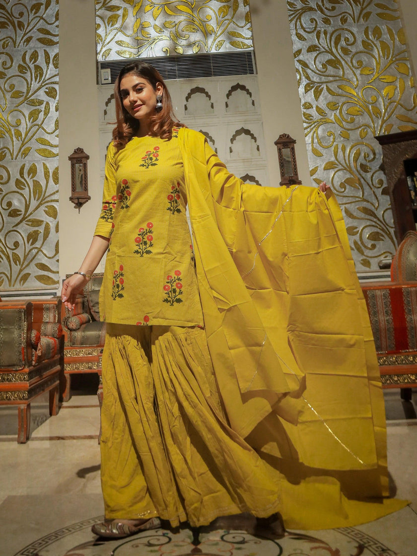 Divena lemon yellow cotton sharara kurta set with dupatta - divenaworld.com