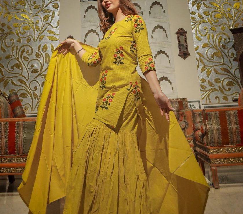 Divena lemon yellow cotton sharara kurta set with dupatta - divenaworld.com