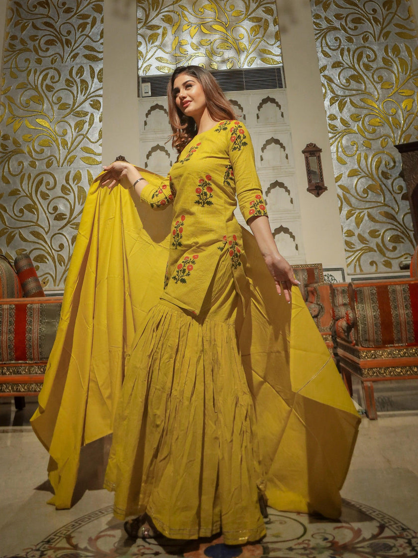 Divena lemon yellow cotton sharara kurta set with dupatta - divenaworld.com