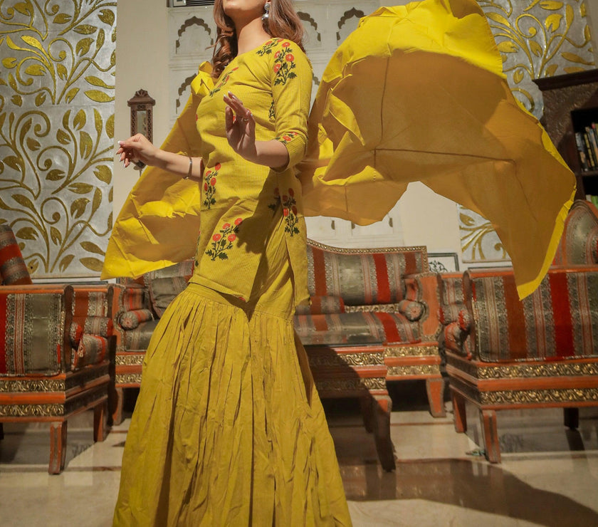 Divena lemon yellow cotton sharara kurta set with dupatta - divenaworld.com