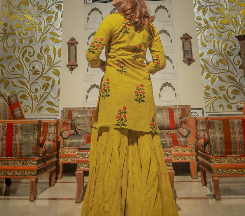 Divena lemon yellow cotton sharara kurta set with dupatta - divenaworld.com