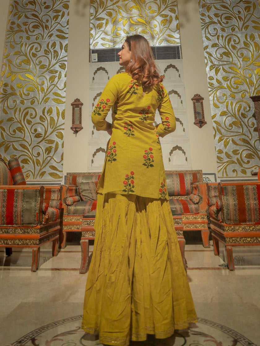 Divena lemon yellow cotton sharara kurta set with dupatta - divenaworld.com