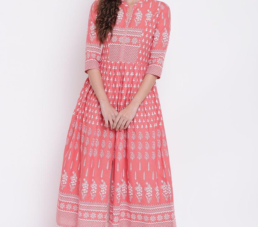 Divena Pink A Line Printed Cotton Kurta - divena world