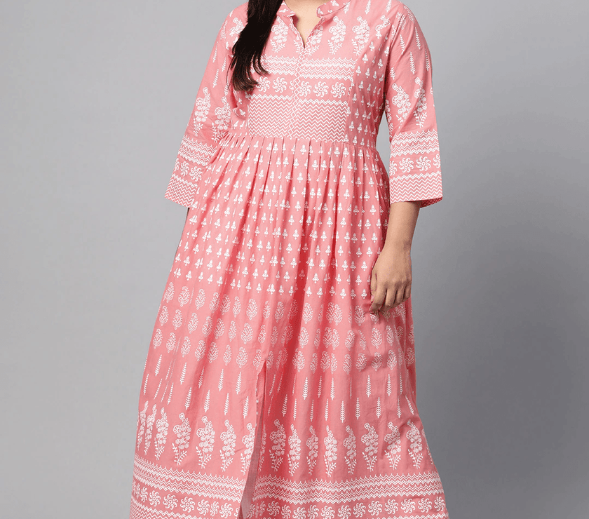 Plus Size Pink A Line Printed Cotton Kurta - divena world