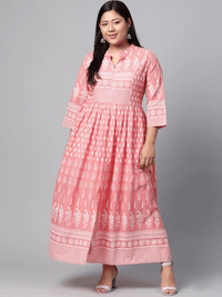 Plus Size Pink A Line Printed Cotton Kurta - divena world