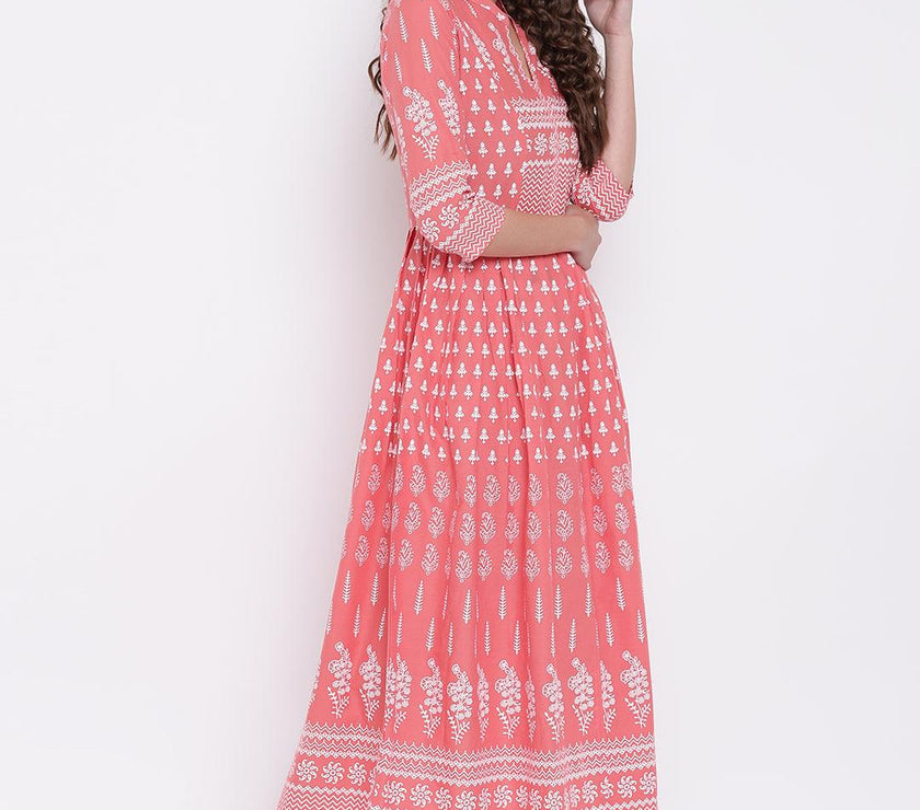 Divena Pink A Line Printed Cotton Kurta - divena world