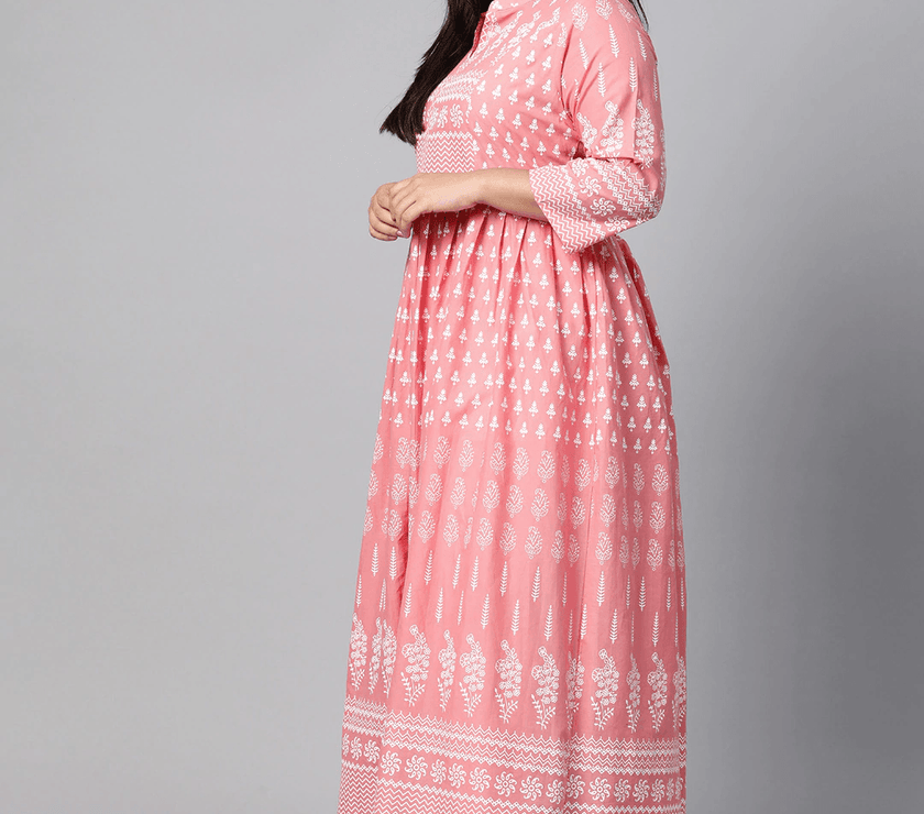 Plus Size Pink A Line Printed Cotton Kurta - divena world