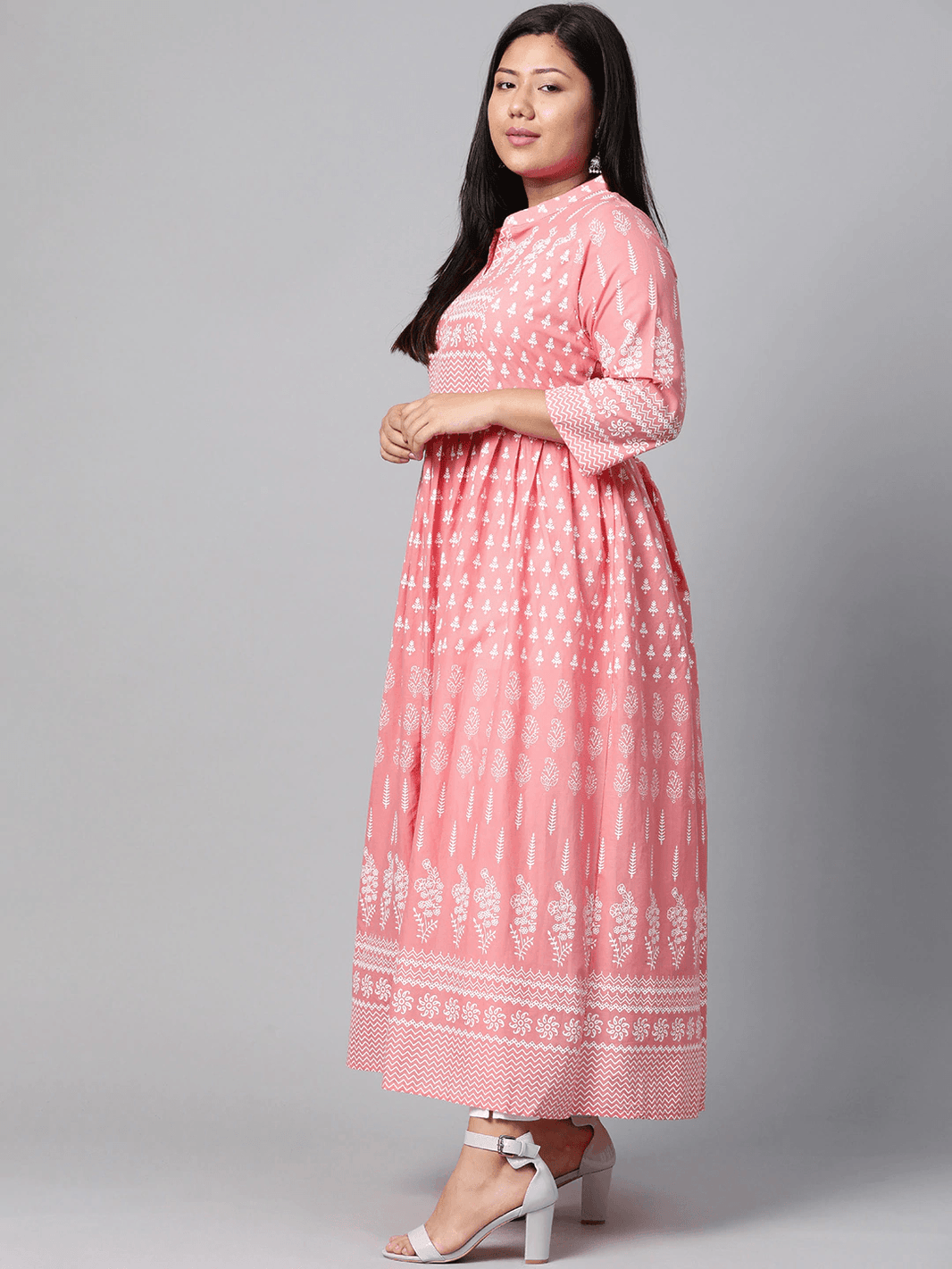 Plus Size Pink A Line Printed Cotton Kurta - divena world