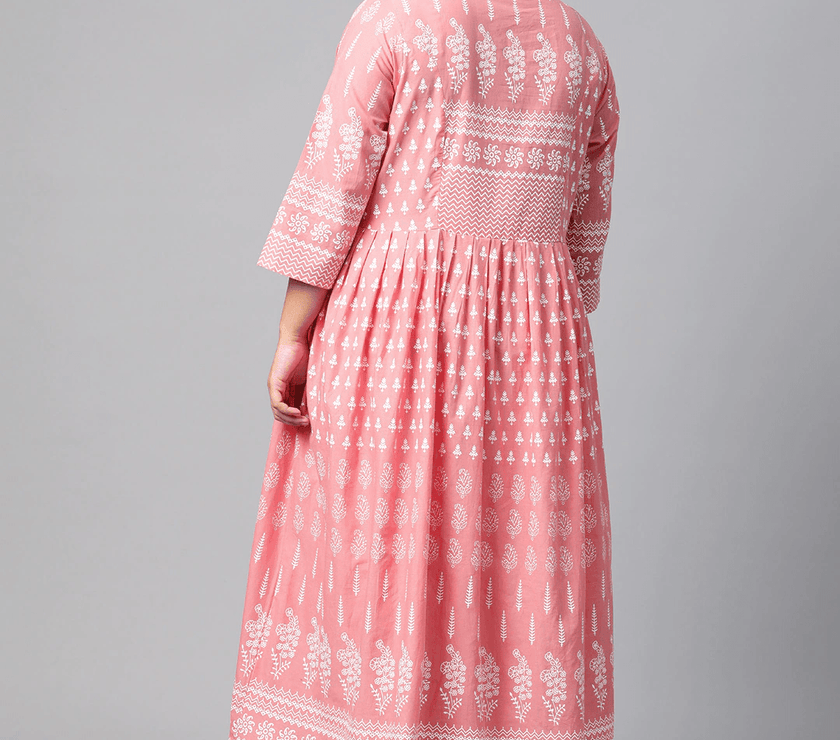 Plus Size Pink A Line Printed Cotton Kurta - divena world