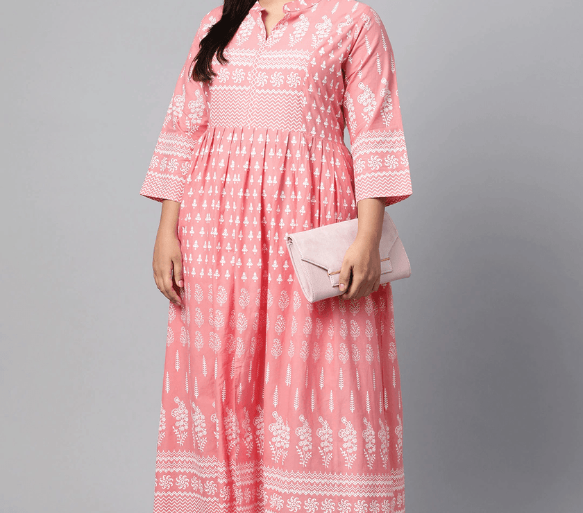 Plus Size Pink A Line Printed Cotton Kurta - divena world