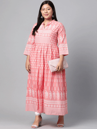 Plus Size Pink A Line Printed Cotton Kurta - divena world