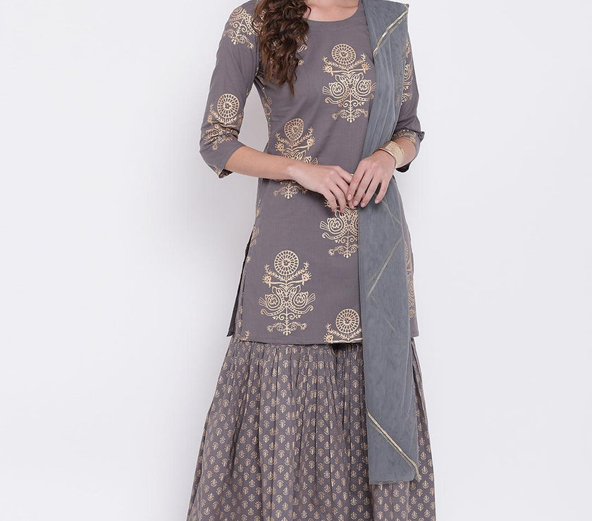 Divena Grey Foil Print Cotton Sharara Set with Net Dupatta - divena world