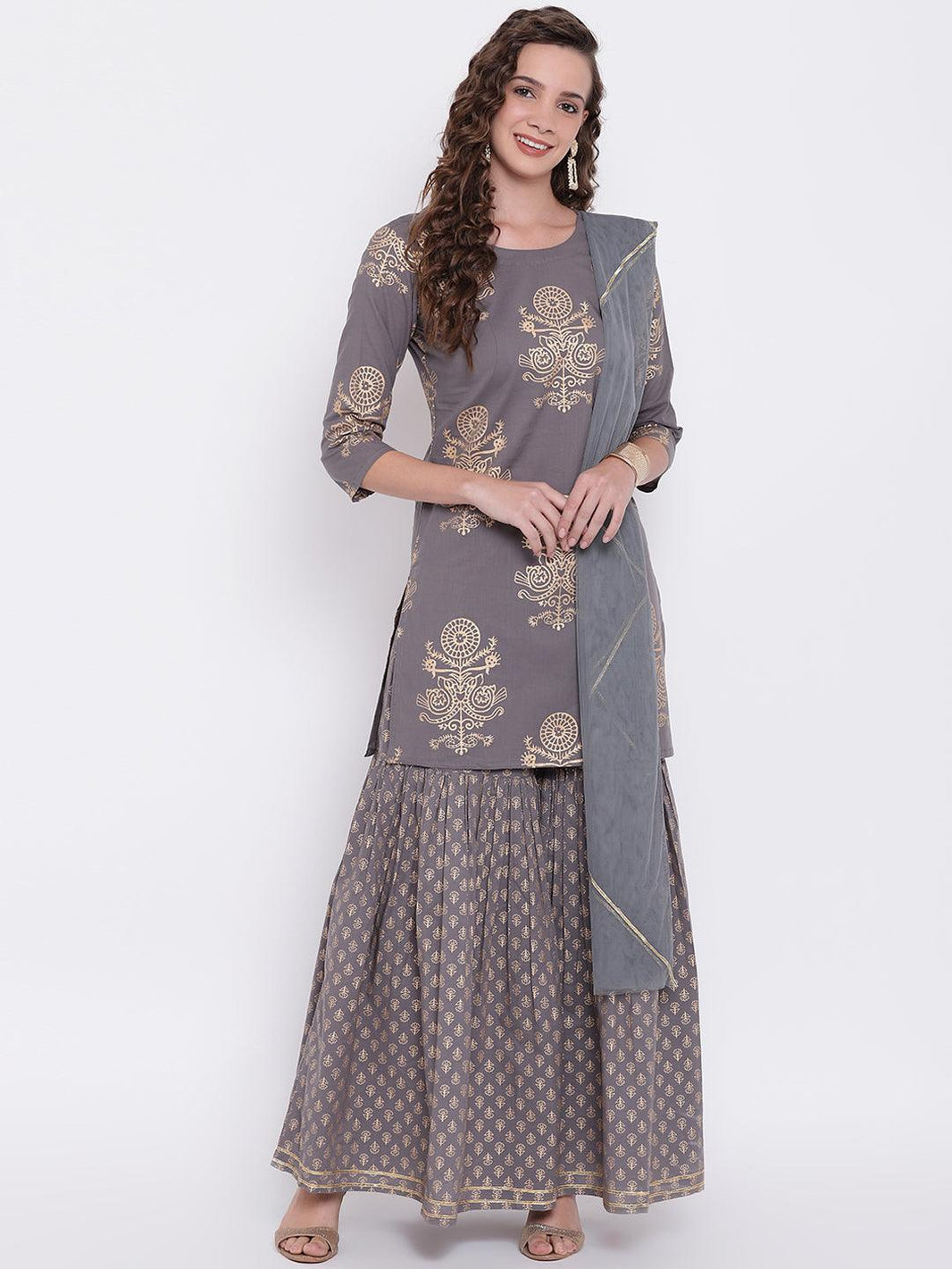 Divena Grey Foil Print Cotton Sharara Set with Net Dupatta - divena world