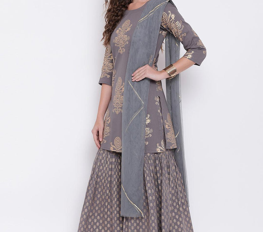 Divena Grey Foil Print Cotton Sharara Set with Net Dupatta - divena world