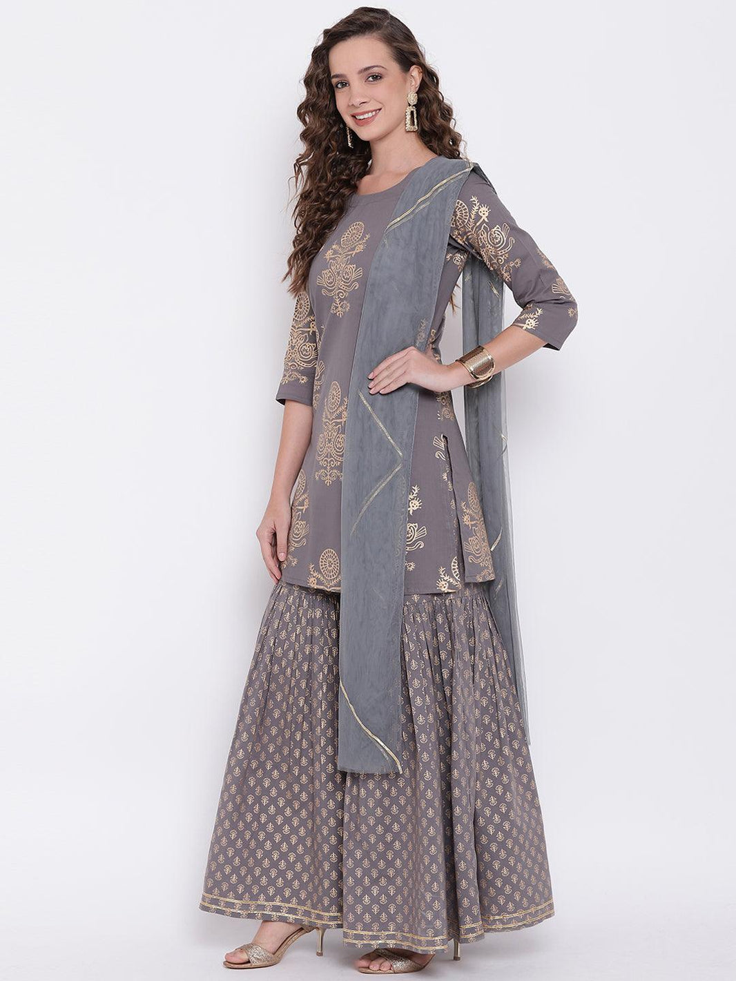 Divena Grey Foil Print Cotton Sharara Set with Net Dupatta - divena world