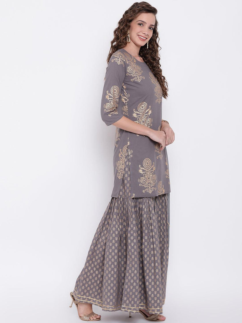 Divena Grey Foil Print Cotton Sharara Set with Net Dupatta - divena world