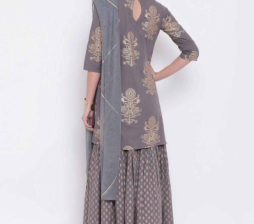 Divena Grey Foil Print Cotton Sharara Set with Net Dupatta - divena world