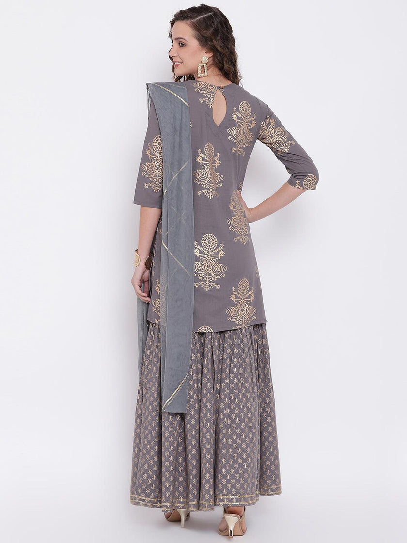 Divena Grey Foil Print Cotton Sharara Set with Net Dupatta - divena world