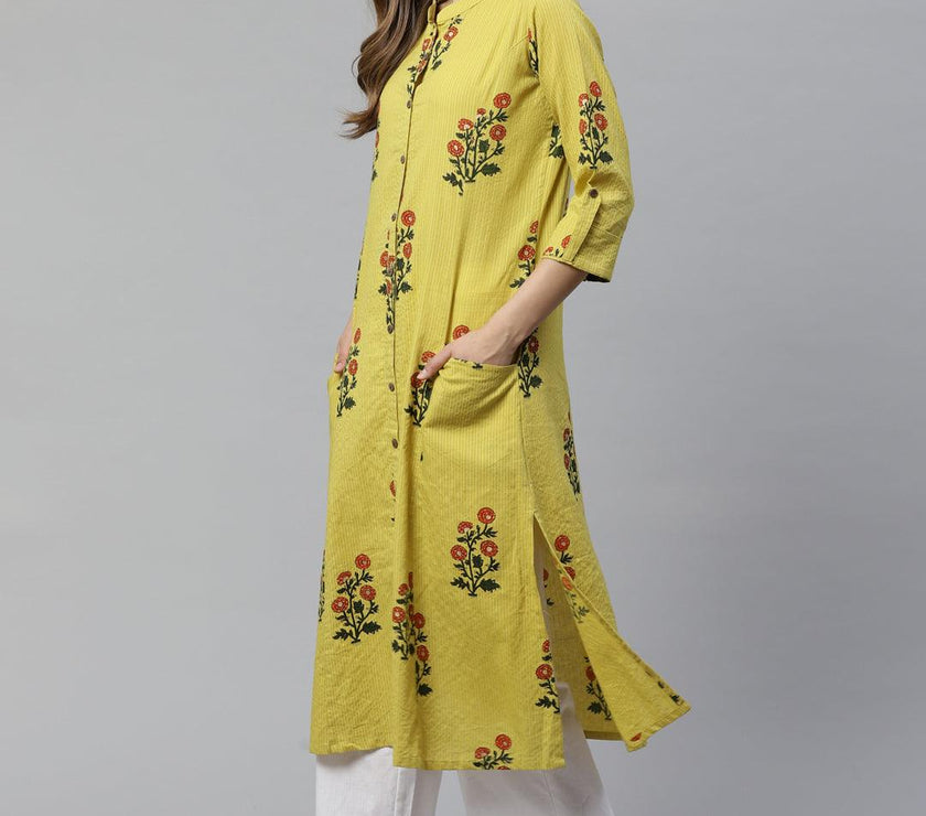 Divena Lemon Yellow Straight Cotton Kurta - divena world