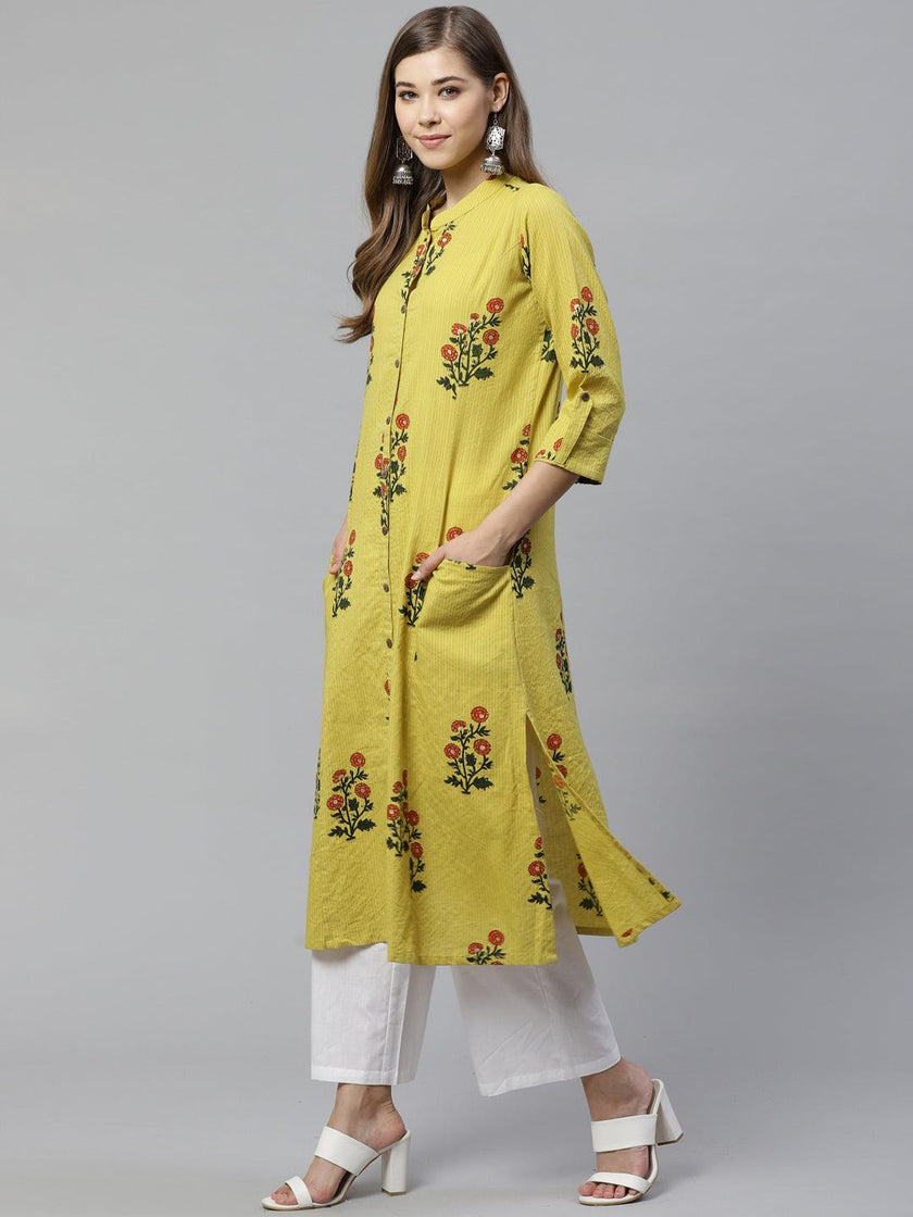 Divena Lemon Yellow Straight Cotton Kurta - divena world